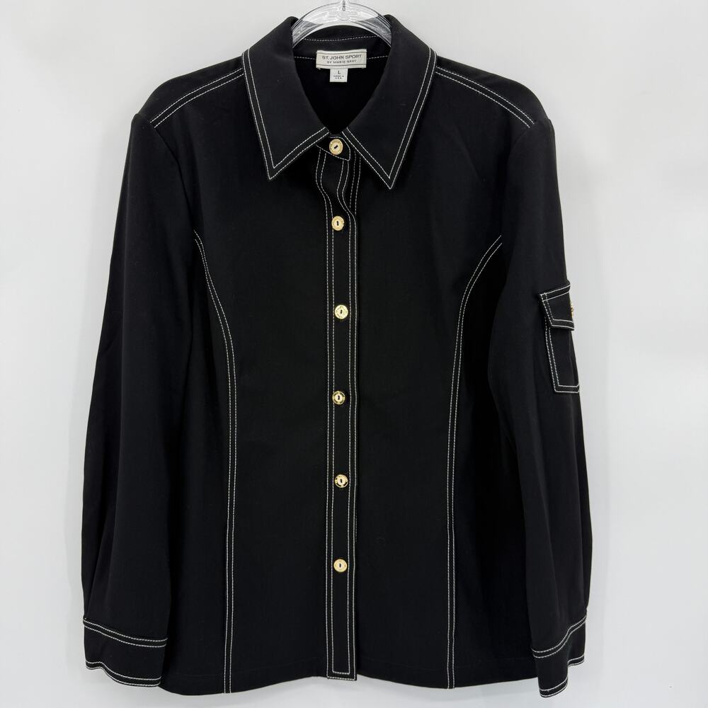 ST JOHN Sport Womens Layering Shacket Size L Black Utility Contrast Stitch